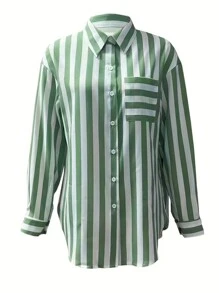 INAWLY 女士拼色条纹印花长袖衬衫、长袖上衣 - 綠色 - 查看 3