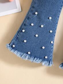 SHEIN 女婴白色珠饰蓝色牛仔弹力牛仔喇叭裤