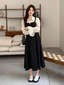DAZY Vestido corto elegante de manga larga con solapa a color, vestido de camisa con volantes