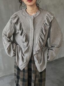 FRIFUL Áo khoác nữ màu trơn viền bèo nhún thường ngày, Xuân/Thu - Xám - Xem 6