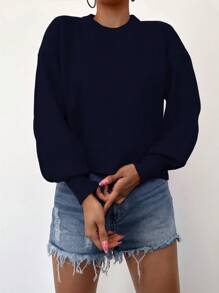 SHEIN Cottnline Women's Drop Shoulder Round Neck Sweater - Navy Blue - View 3