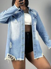 Women Single Breasted Flap Pocket Frayed Hem Ripped Denim Jacket - Light Wash - View 6