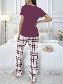 Plaid Short Sleeve Pajama Set For Women - Purple - View 2