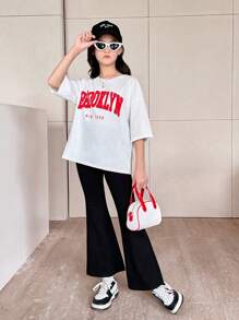 SHEIN 2 peças/Conjunto Camiseta de Manga Curta com Fenda Alta e Estampa de Letra e Legging Casual Solta para Meninas Pré-Adolescentes