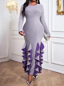 SHEIN Lady 秋装秋冬优雅灰色针织圆领飘逸长袖冬装修身连衣裙大码连衣裙伴娘服长袖连衣裙化妆舞会礼服 - 淺灰紫 - 查看 3