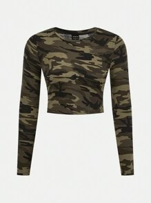 SHEIN EZwear 3 件装休闲条纹迷彩设计圆领长袖短款上衣 T 恤女款，适合秋季 - 彩色 - 查看 5