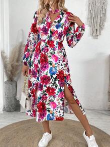 SHEIN Clasi Floral Print V-Neck Fit-And-Flare Midi Dress For Women - Multicolor - View 4
