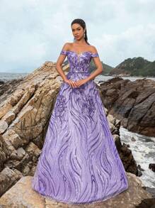 Faeriesty Off-Shoulder Sweetheart Neck Sequin Prom Dress - Purple - View 2