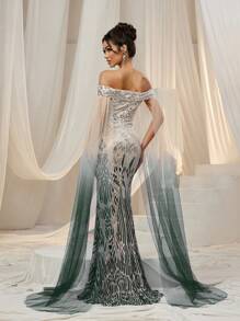 Off-The-Shoulder Sequin Mermaid Formal Dress, Elegant Formal Gown Suitable For Wedding Guests, Graduation Ceremonies, Galas And Other Formal Occasions - Dark Green - View 3