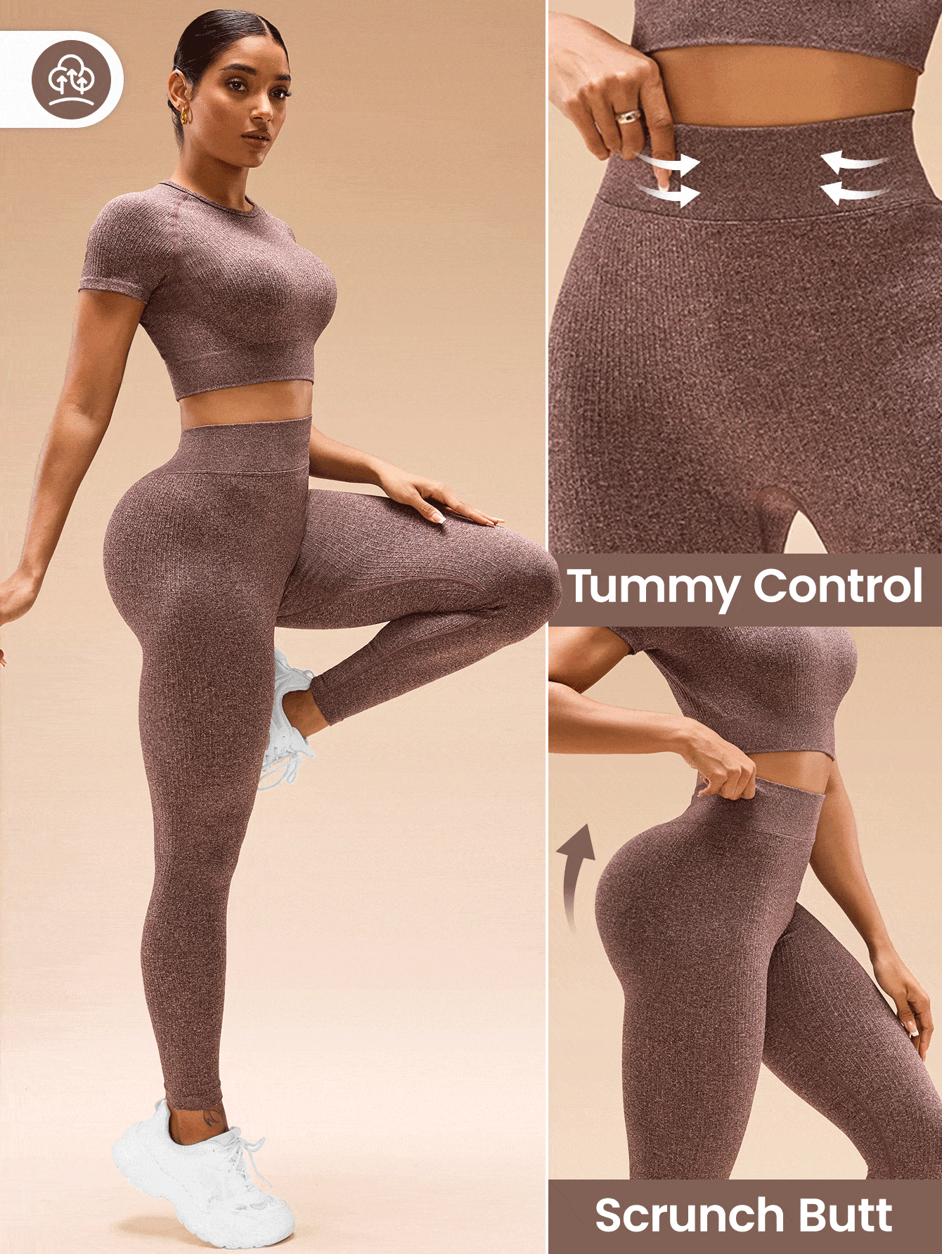 Bộ đồ thể thao Raglan ngắn tay cổ tròn màu tím và quần legging liền mạch cho nữ - Màu đỏ tím - Xem 8