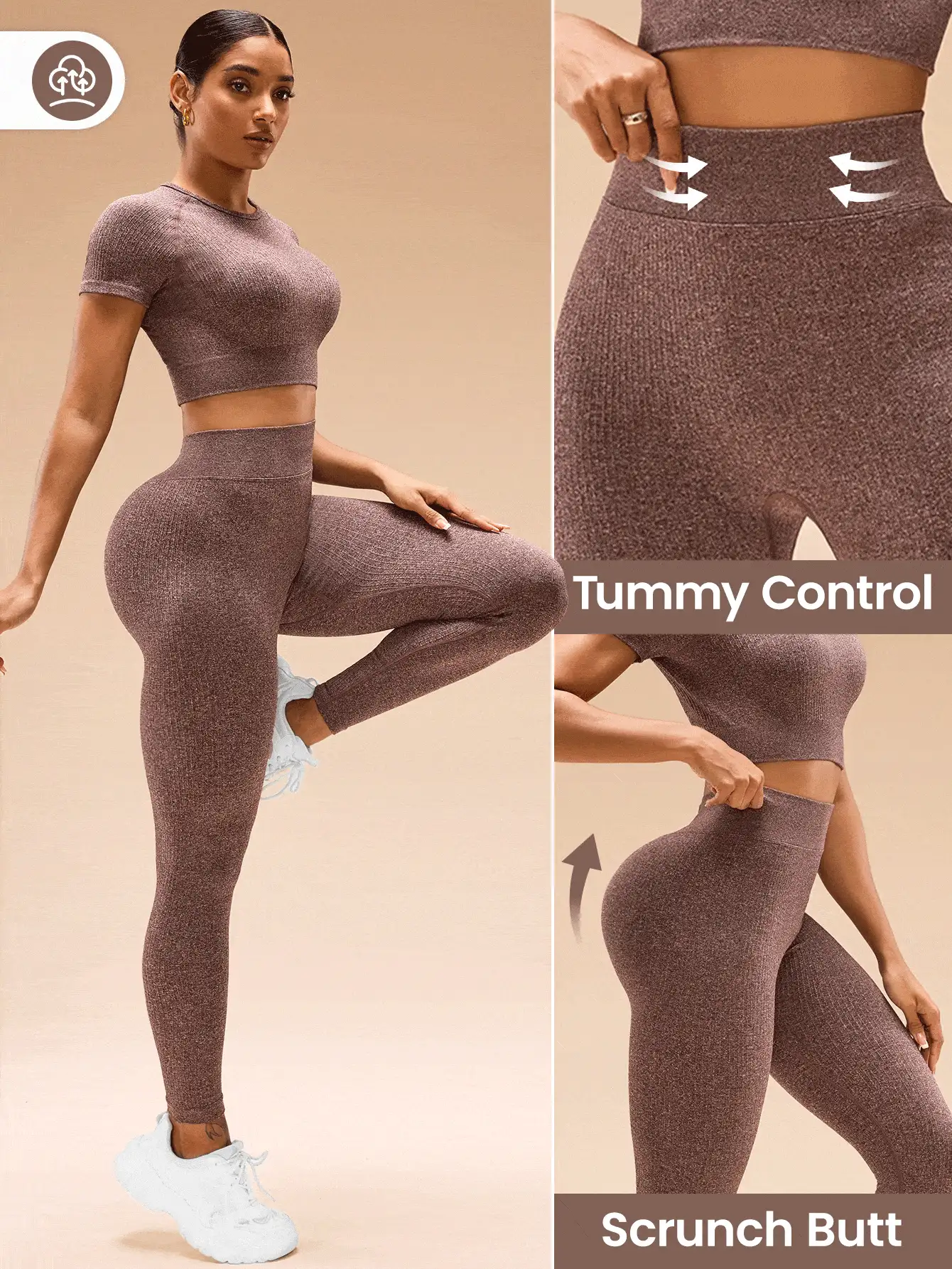 Women's Purple Round Neck Raglan Short Sleeve Cropped T-Shirt And Leggings Sports Set Seamless - Red Violet - View 8
