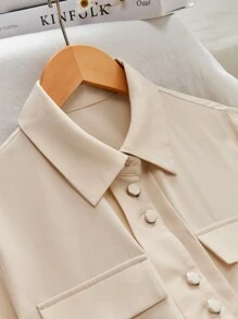 SHEIN Essnce Solid Button Down Shirt, Women Collared Long Sleeve Blouse - Apricot - View 3