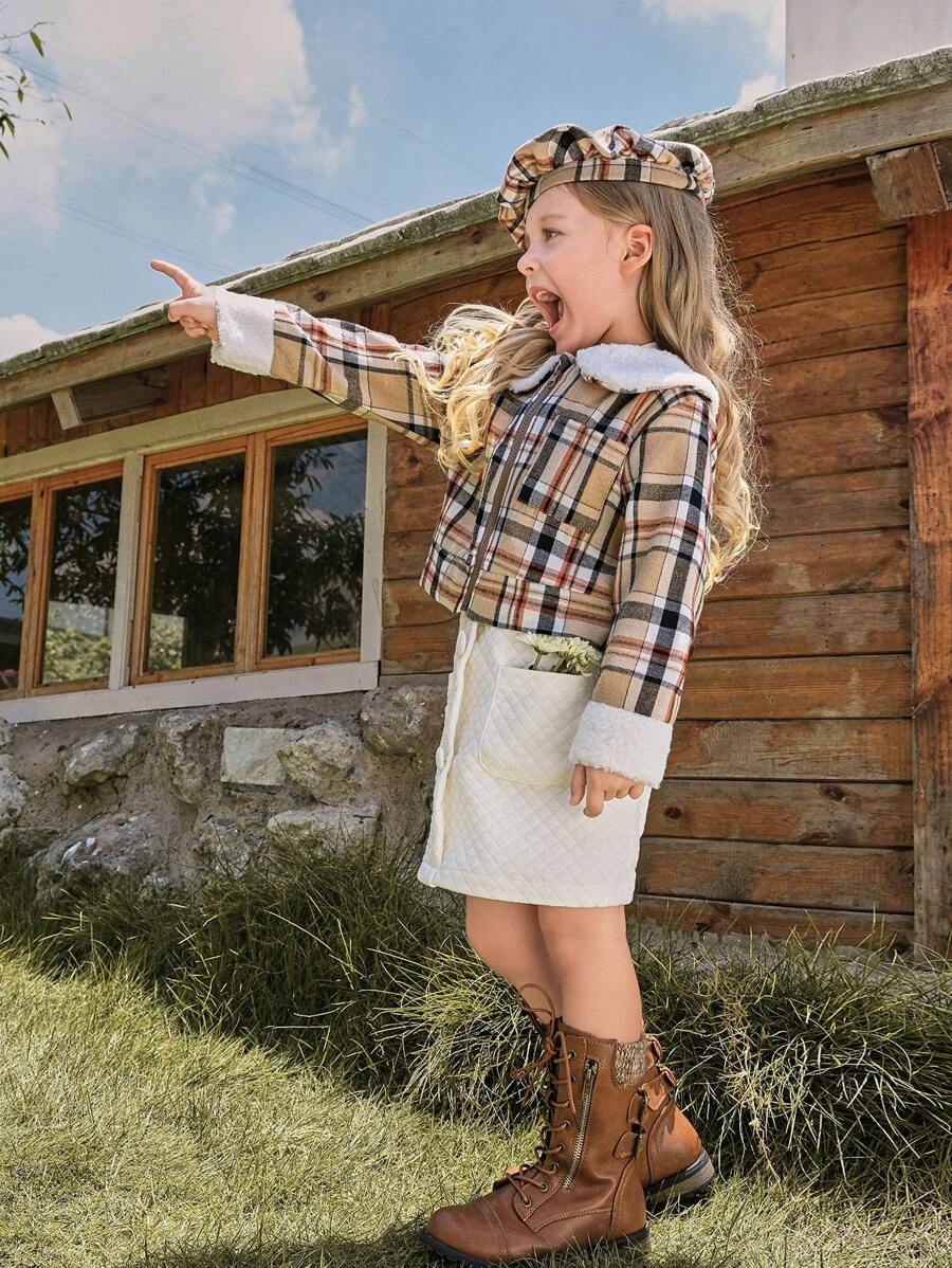 SHEIN Toddler Girls' Casual Grid Texture Patchwork Fuzzy Collar & Cuffs Jacket, Autumn/Winter - Khaki - View 1