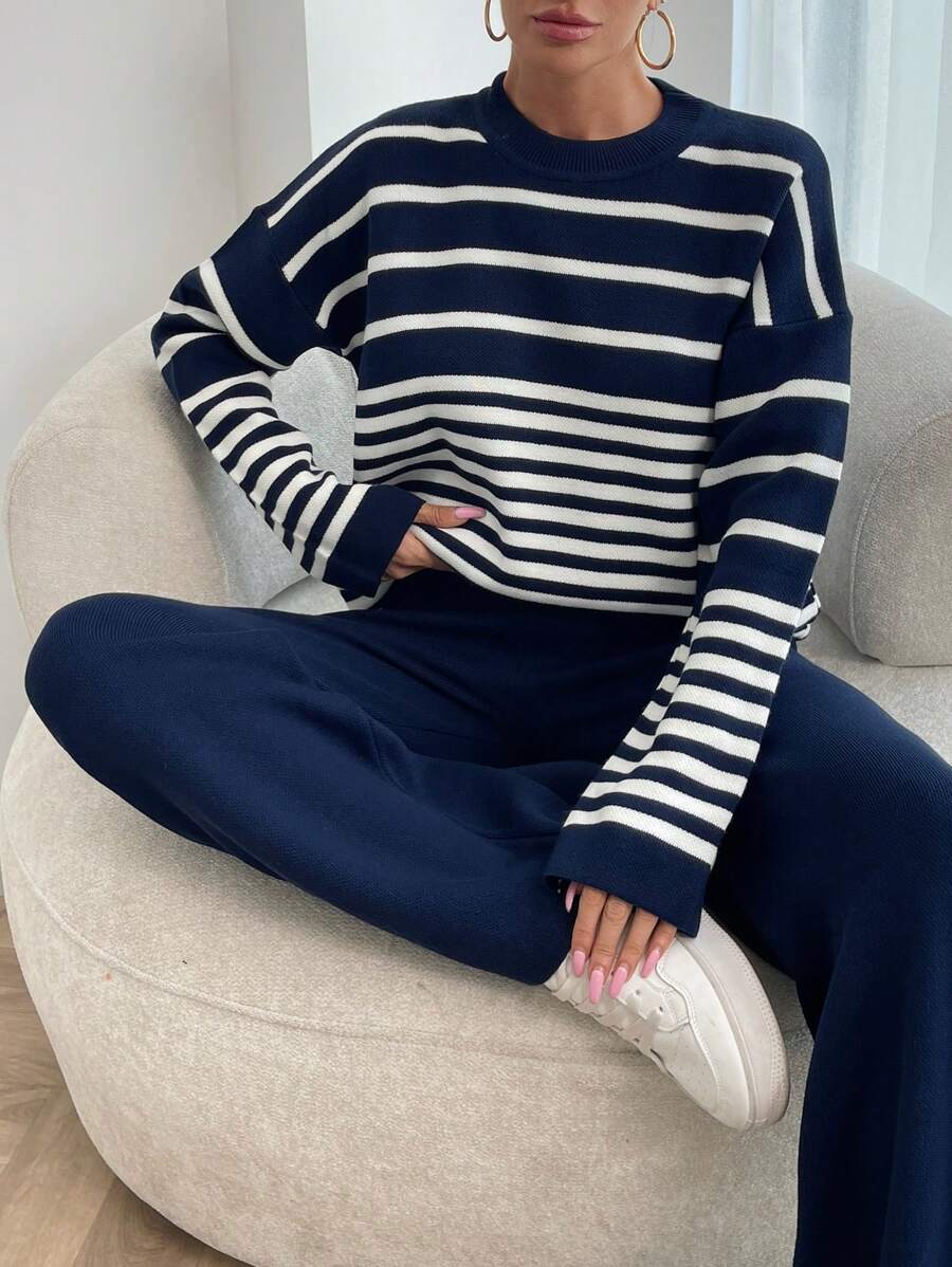 EURMUSE Women Irregular Stripe Pattern Round Neck Drop Shoulder Pullover & Sweater Pants Set - Navy Blue - View 1