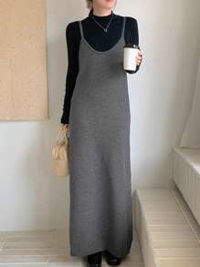 DAZY Women's Solid Color Long Casual Sleeveless Sweater Dress For Fall & Winter