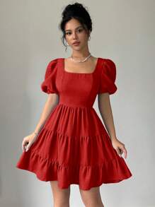 RosyDaze Vestido nuevo 2025 de verano con cuello halter, mangas abullonadas, espalda descubierta, lazo y dobladillo con volantes en color rojo, para uso en conciertos, playa, vacaciones y ocio
