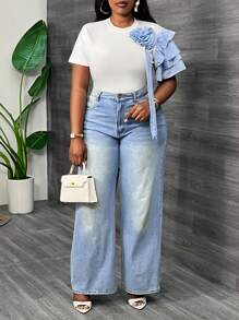 Slaydiva 大码女式白色优雅圆领条纹编织荷叶边袖条纹 3D 花卉装饰修身 T 恤，适合夏季