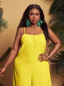 Slaydiva Bộ đồ liền thân xòe nhún bèo màu trơn cỡ lớn - D - Màu vàng - Xem 3