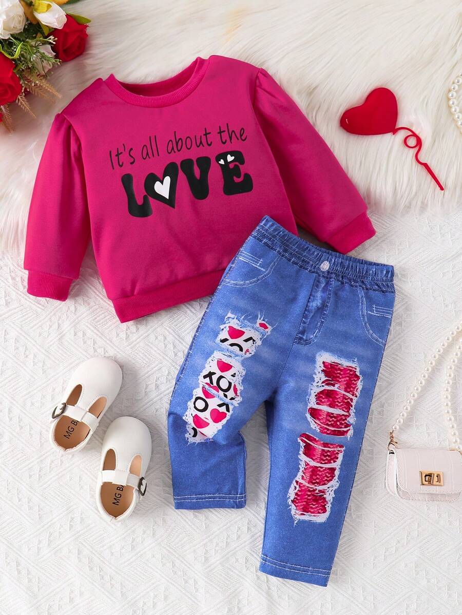 SHEIN 2pcs/Set Baby Girl Fashion Minimalist Puff Sleeve Sweatshirt With Letter Slogan Print And Denim Effect Printed Pants, Outfit For Autumn