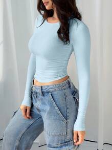 Elegant & Versatile Women Plain Crew Neck Long Sleeve Ruched Fitted Slim Fit T-Shirt,Suitable For Summer And Autumn/Winter Seasons - Màu xanh nhạt - Xem 3