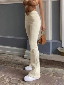 Quần ống đứng rộng rãi màu trơn có túi vá cho nữ - Màu be - Xem 1