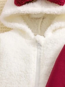 SHEIN 3件套新生女宝宝秋冬可爱柔软毛绒蝴蝶结连帽卫衣、长裤针织长袖连体衣套装 - 紅色 - 查看 3