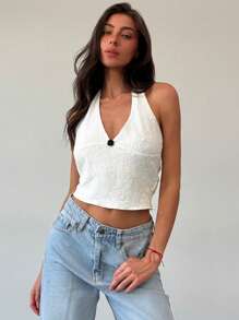 Aloruh Áo ba lỗ ren trang trí hoa cổ chữ V sâu thanh lịch cho nữ - trắng - Xem 5