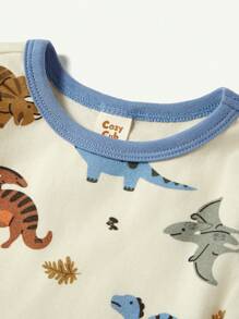 Cozy Pixies 嬰兒男童緊身睡衣套裝，卡通恐龍紋路，色塊圓領長袖上衣和褲子 - 藍色 - 查看 6