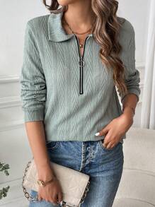 SHEIN LUNE Áo hoodie có khóa kéo đơn sắc thường ngày dành cho nữ - màu xanh lá - Xem 4