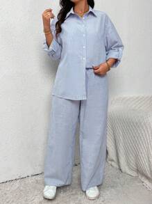 SHEIN Frenchy Plus Size Plaid Shirt And Extended Pants Set, Back To School Season - Blue and White - View 6