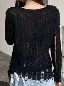 INAWLY 女士纯色 V 领长袖毛衣 - 黑色 - 查看 2