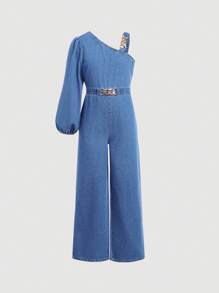 SHEIN Tween Girl Chain Detail Asymmetrical Neck Wide Leg Denim Jumpsuit,Girls Fall Clothes Back To School Outfits