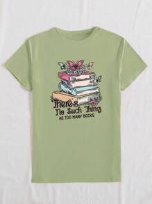 INAWLY Women Casual Round Neck Short Sleeve Book & Wild Flower Printed T-Shirt Graphic Tees Women Tops