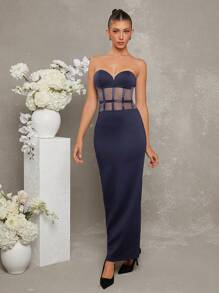 L'Amorae Elegant Strapless Sweetheart Bustier Maxi Dress - Royal Blue - View 4