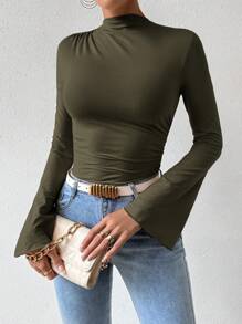 SHEIN Women's Solid Color Simple Casual Flared Sleeve Bodysuit Fall Cloth For Women - Army Green - View 5