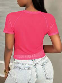 Slaydiva Streetwear décontracté et sexy, t-shirt à col rond à impression florale tout-aller rose rouge, blouse transparente à imprimé maillé pour femmes