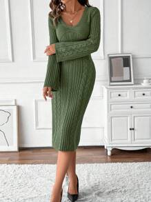 SHEIN Clasi Casual Solid Color Hollow-Out Bell Sleeve Sweater Dress, Fall/Spring - Green - View 4