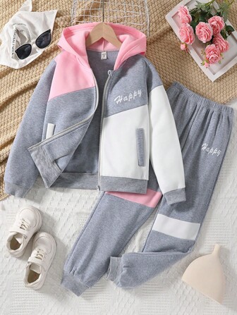 Tween Girls 2st outfit - Hoodiejacka med dragkedja och joggingbyxor, Casual Sportig vinterkostym