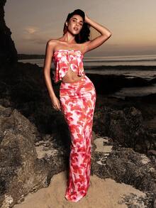 Opulessa Bộ 2 áo crop top in hoa đi nghỉ mát cho nữ & chân váy cạp cao - Đỏ và trắng - Xem 6