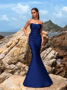 Faeriesty Women Elegant Women's Elegant Strapless Heart-Shaped Neckline Ruched Fishtail Evening Gown - Suitable For Weddings, Red Carpet Events, Formal Dinners And Other Formal Occasions,Summer Holiday Outfits - Royal Blue - View 4