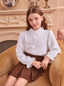 SHEIN Tween Girls Korean Style School Uniform Asymmetrical Ruched Cuff Shirt And Pleated Sweet Mini Skirt Set - Multicolor - View 6