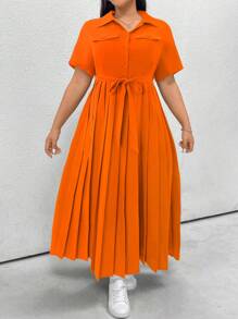 Flirla 大码前扣短袖褶皱连衣裙，休闲日常穿着 - 橘色 - 查看 3