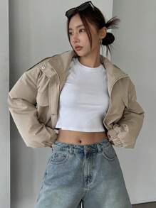 DAZY 女士纯色简约日常穿着长袖棉衣，冬季女装，冬季外套女夹克 - 卡其色 - 查看 10