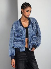 SHEIN ICON Women Zip-Up Long Sleeve Pocketed Fashionable Street Style Denim Jacket Fall Women Clothes