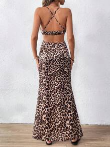 SHEIN VCAY Satin Maxi Fishtail Dress,Christmas Outfits,Party Wear,Halloween Outfits,Vacation Chiffon Leopard Print Cutout Strap Ruffle Hem Women Dress