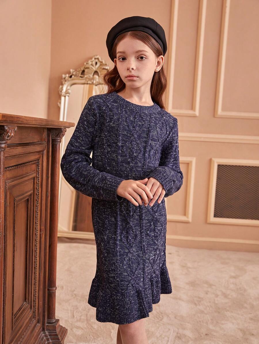 SHEIN 青少年女孩简约针织长袖毛衣连衣裙,秋冬 - 藍色 - 查看 1