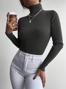 RueChic Turtleneck Ribbed Knit Slim Fit Sweater - Grey - View 3