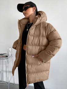 RueChic Zip Up Hooded Puffer Coat - Beige - View 3