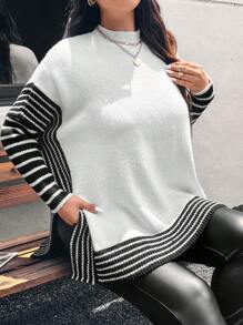 SHEIN Frenchy 大码女式撞色毛衣 - 米色 - 查看 3