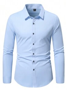 Manfinity Mode Men's Solid Color Simple Daily Long Sleeve Shirt, For Fall - Baby Blue - View 4